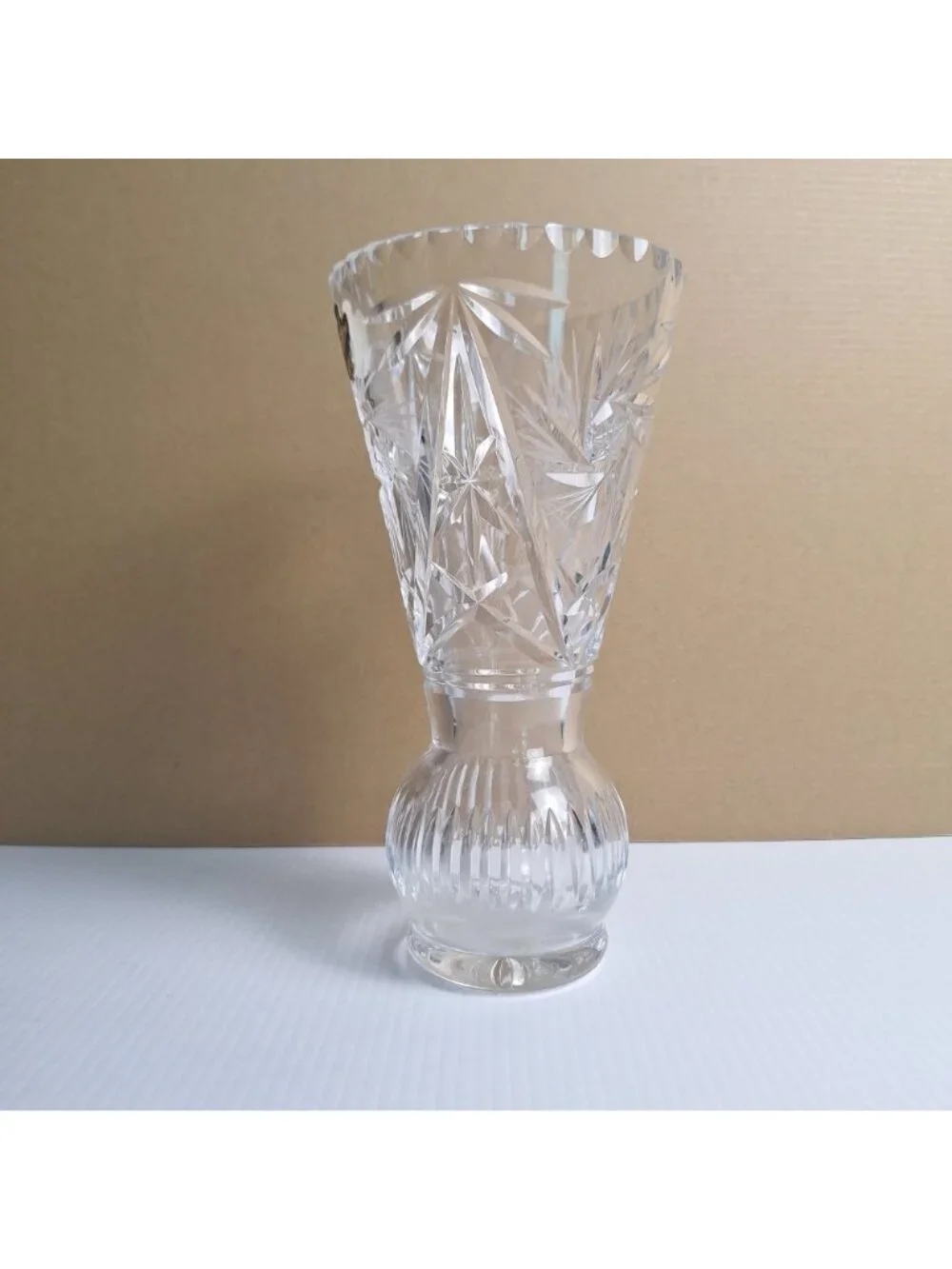 VINTAGE BELFOR HAND-CUT LEAD CRYSTAL VASE PINWHEEL AND STARBURST CZECHOSLOVAKIA